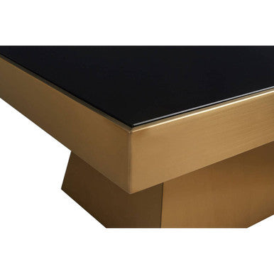 Black Tempered Glass Coffee Table With Gold Square Stainless Steel Base, Carlox