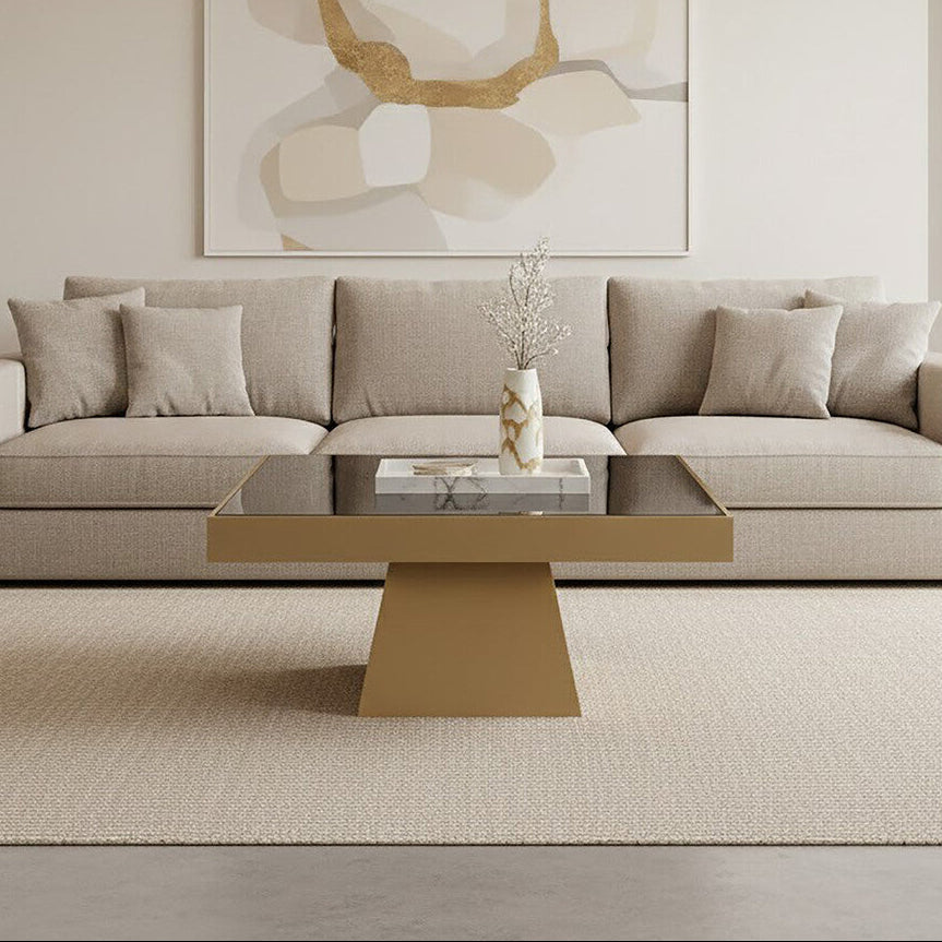Black Tempered Glass Coffee Table With Gold Square Stainless Steel Base, Carlox