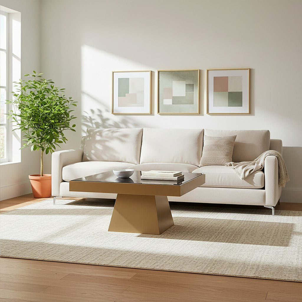 Black Tempered Glass Coffee Table With Gold Square Stainless Steel Base, Carlox