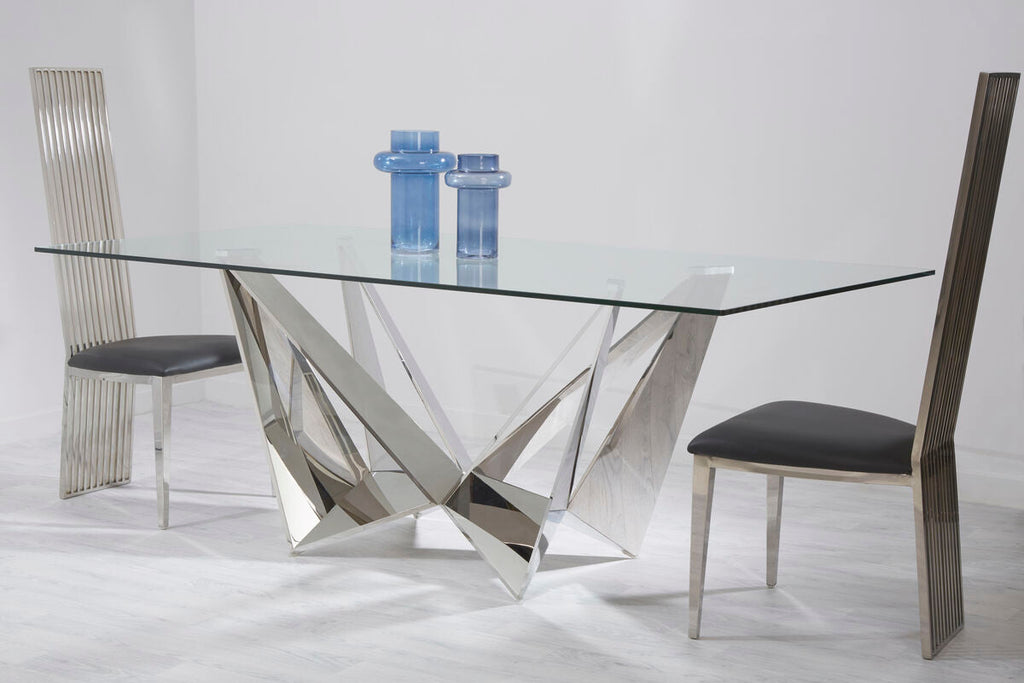 Silver Tempered Glass Top Dining Table With Silver Chrome Legs, Carlox