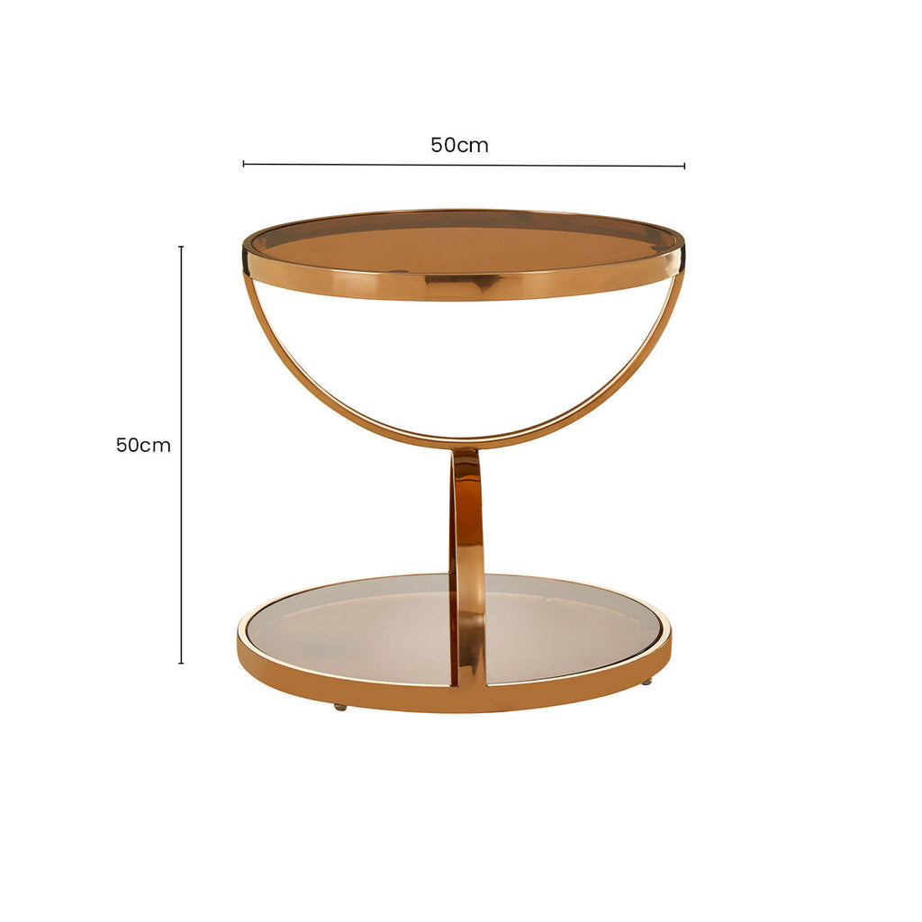 Rose Gold Round Side Table With Stainless Steel Plinths & Smoked Glass Base, Tula