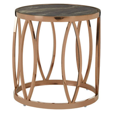 Gold Marble Top Round Side Table With Rose Gold Leaf Base, Tula