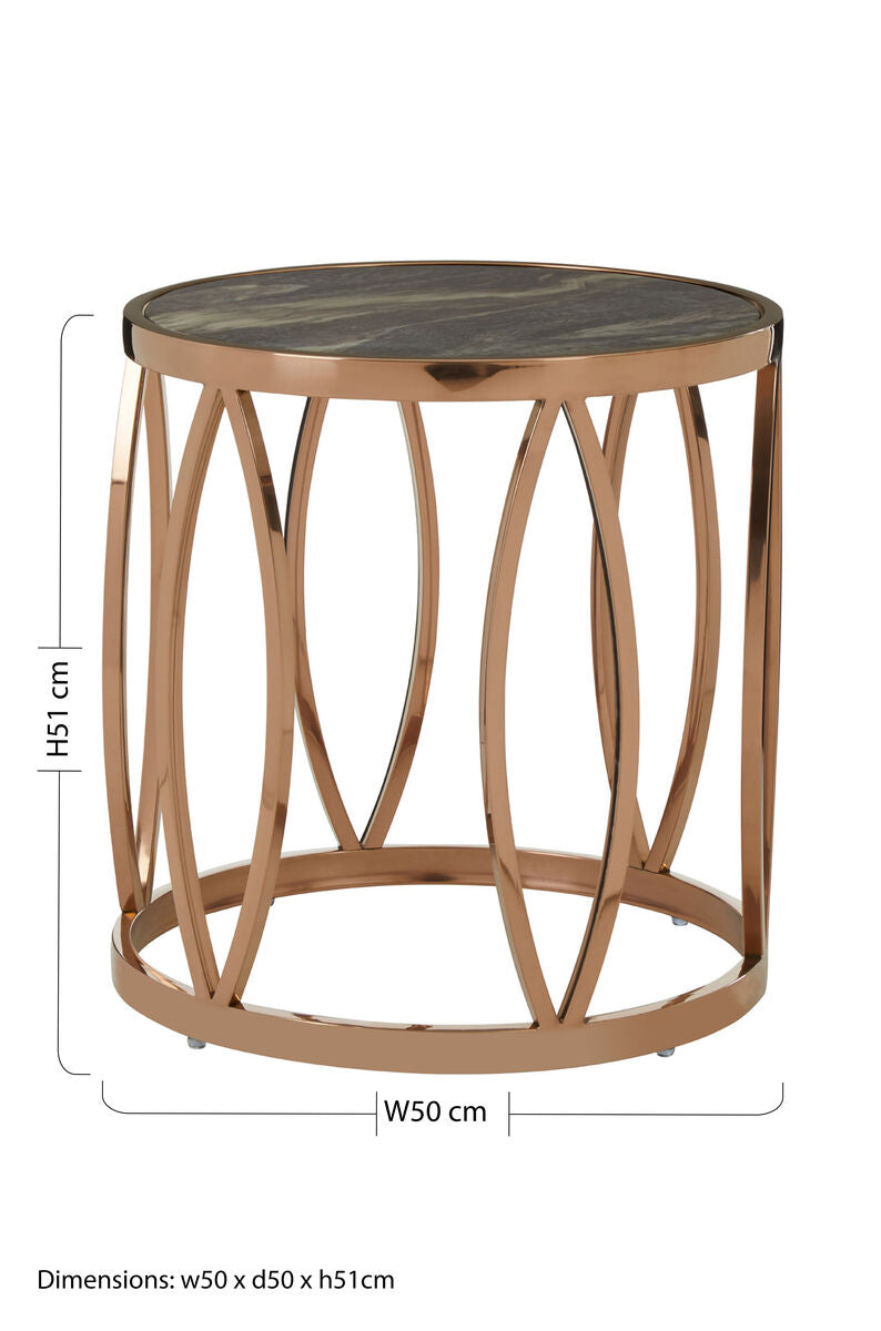 Gold Marble Top Round Side Table With Rose Gold Leaf Base, Tula