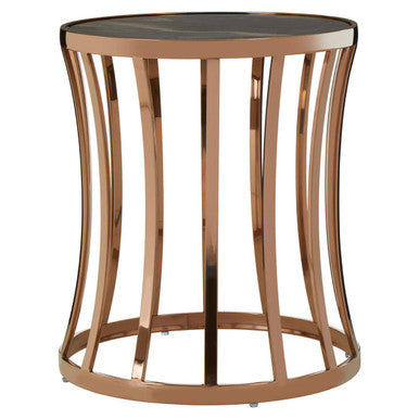 Black Marble Top Round Side Table With Gold Rose Base, Tula