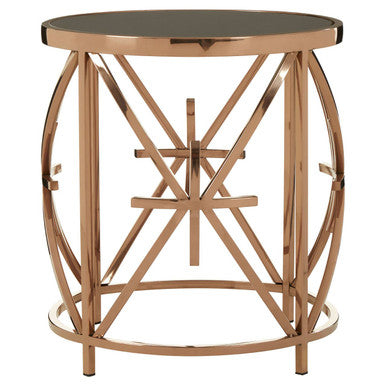 Black Glass Top Round Side Table With Rose Gold Star Stainless Steel Frame, Tula