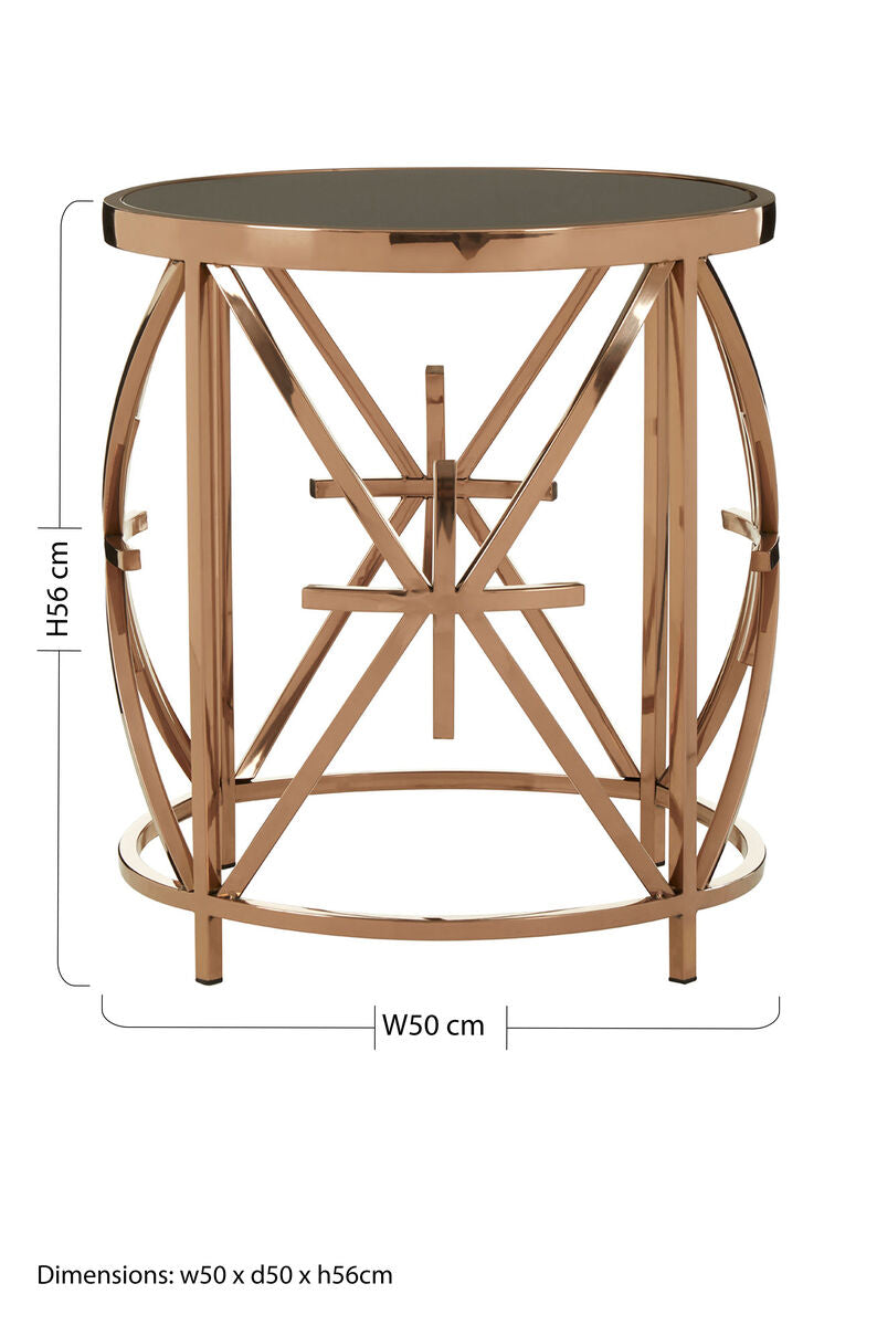 Black Glass Top Round Side Table With Rose Gold Star Stainless Steel Frame, Tula