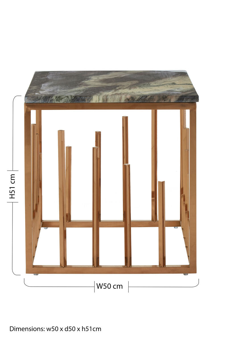Black Marble Top Square Side Table With Rose Gold Stainless Steel Frame, Tula