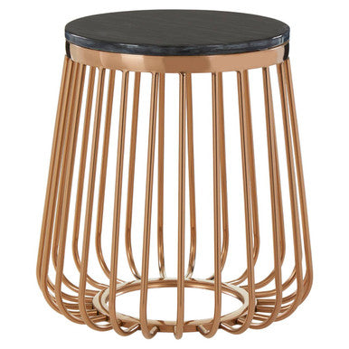 Black Marble Top Round Side Table With Gold Cage Design Metal Base, Tula
