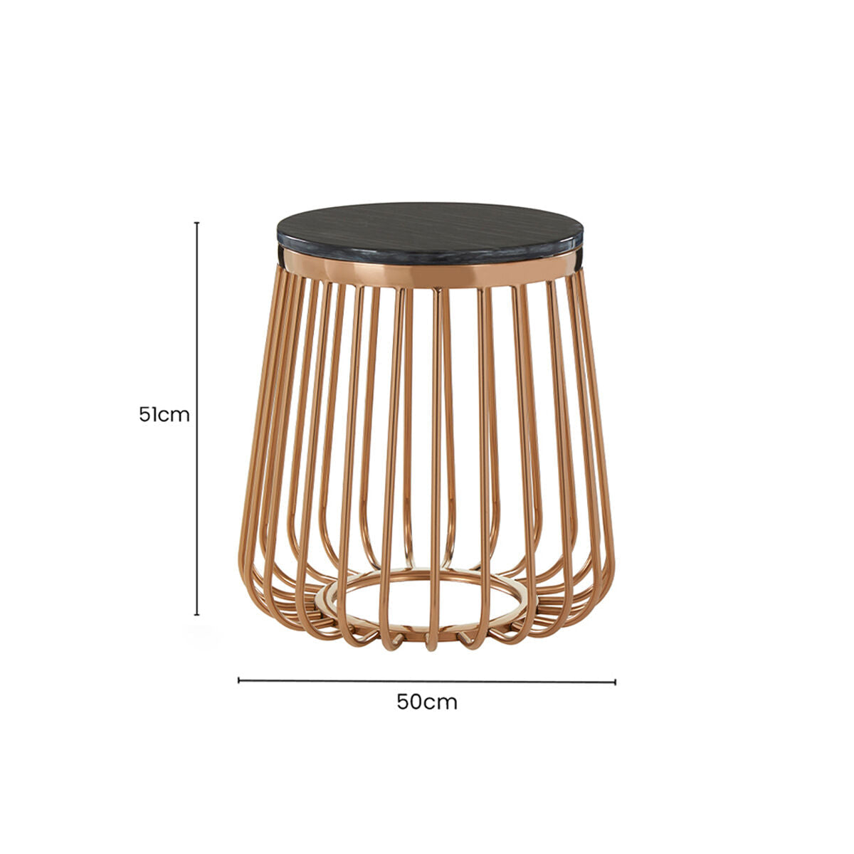 Black Marble Top Round Side Table With Gold Cage Design Metal Base, Tula