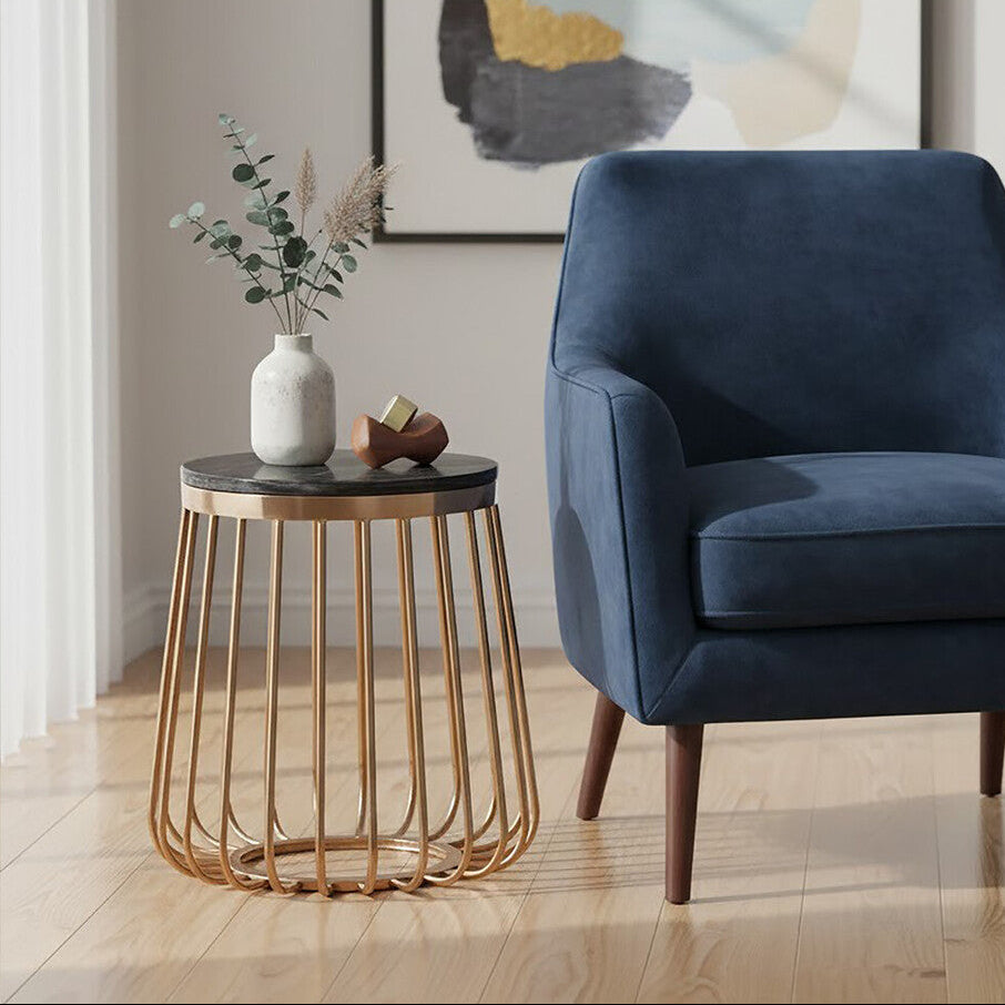 Black Marble Top Round Side Table With Gold Cage Design Metal Base, Tula