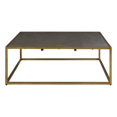 Dark Brown Shagreen Top Coffee Table With Deep Gold Iron Frame, Kempton