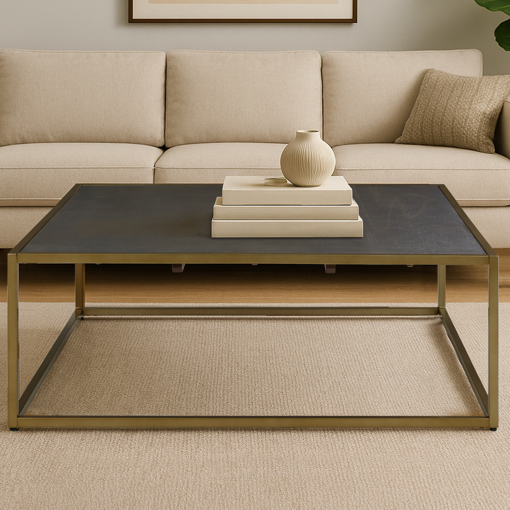 Dark Brown Shagreen Top Coffee Table With Deep Gold Iron Frame, Kempton