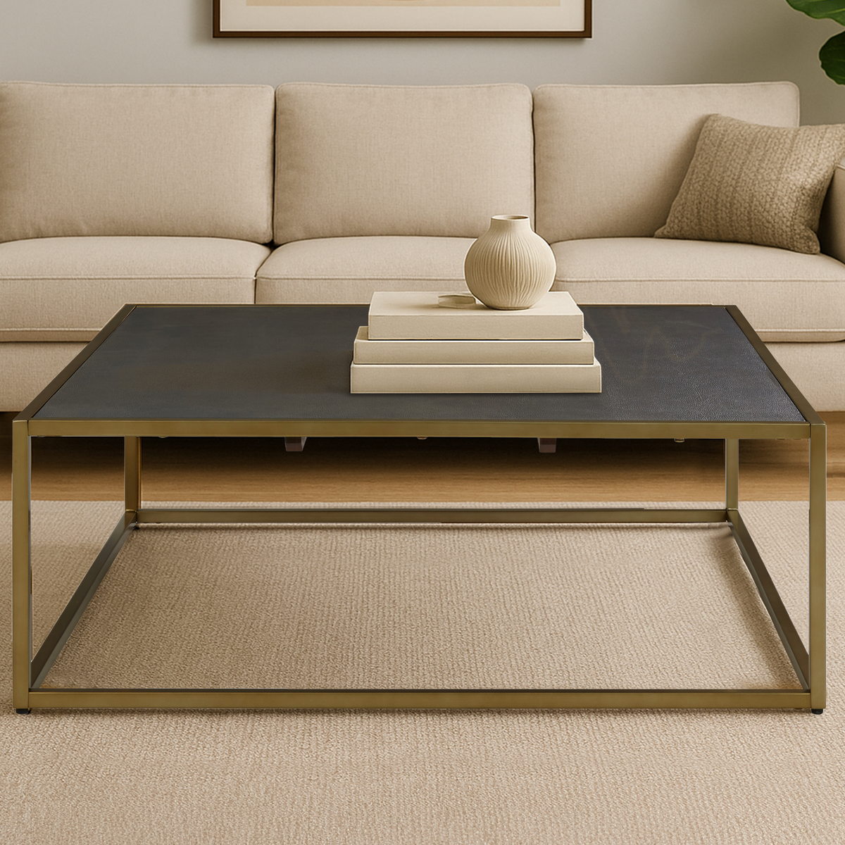 Dark Brown Shagreen Top Coffee Table With Deep Gold Iron Frame, Kempton