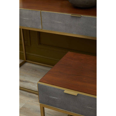 Dark Brown Shagreen Top Console Table With One Storage Drawers & Gold Iron Frame, Kempton
