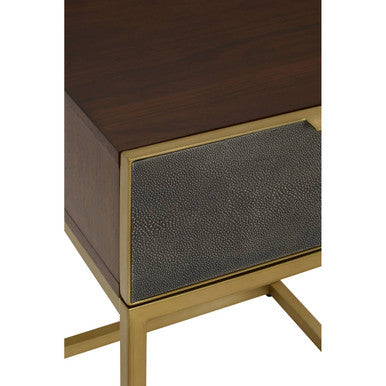 Dark Brown Shagreen Top Console Table With One Storage Drawers & Gold Iron Frame, Kempton