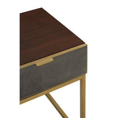 Dark Brown Shagreen Top Console Table With One Storage Drawers & Gold Iron Frame, Kempton