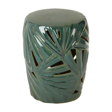 Green Glazed Ceramic Table Stool With Botanical Palm Leaf Design, Sorrell