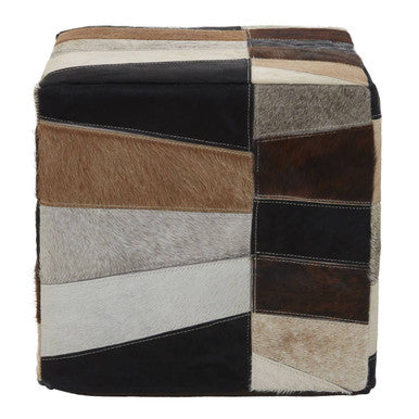 Safira Hair On Leather Pouffe In Geometric Patchwork Design