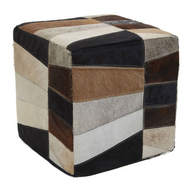Safira Hair On Leather Pouffe In Geometric Patchwork Design