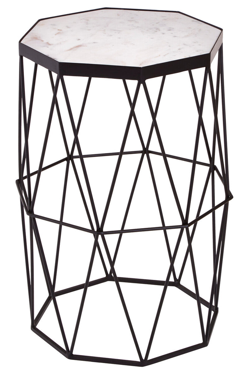 White Marble Top Octagonal Side Table With Black Metal Base, Shalimar