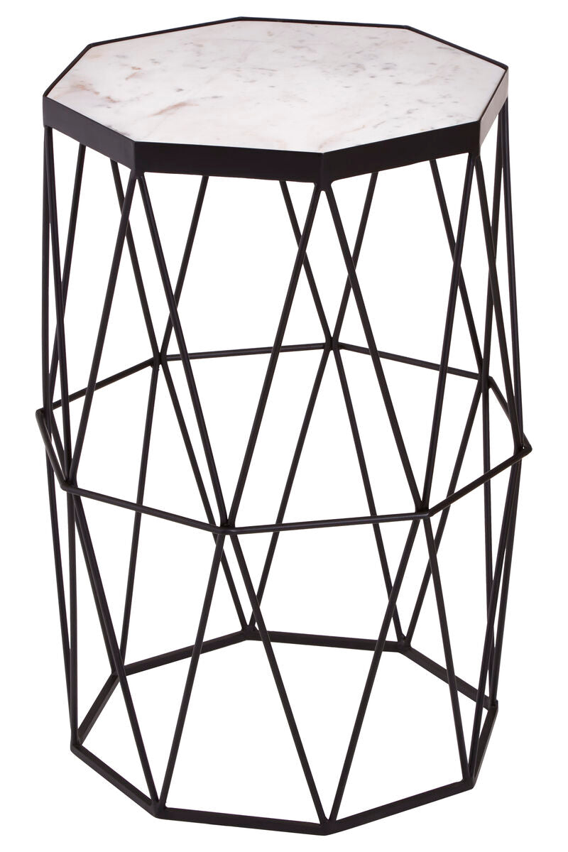 White Marble Top Octagonal Side Table With Black Metal Base, Shalimar