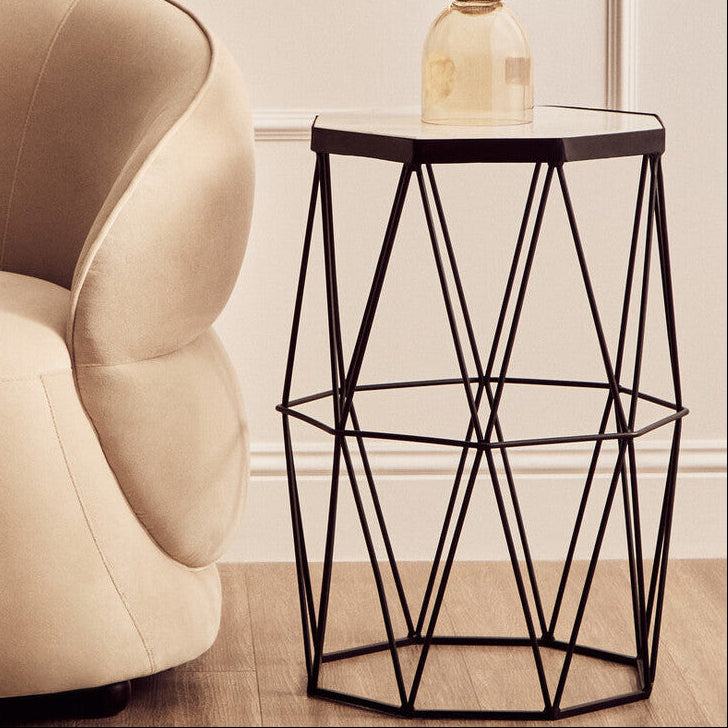 White Marble Top Octagonal Side Table With Black Metal Base, Shalimar