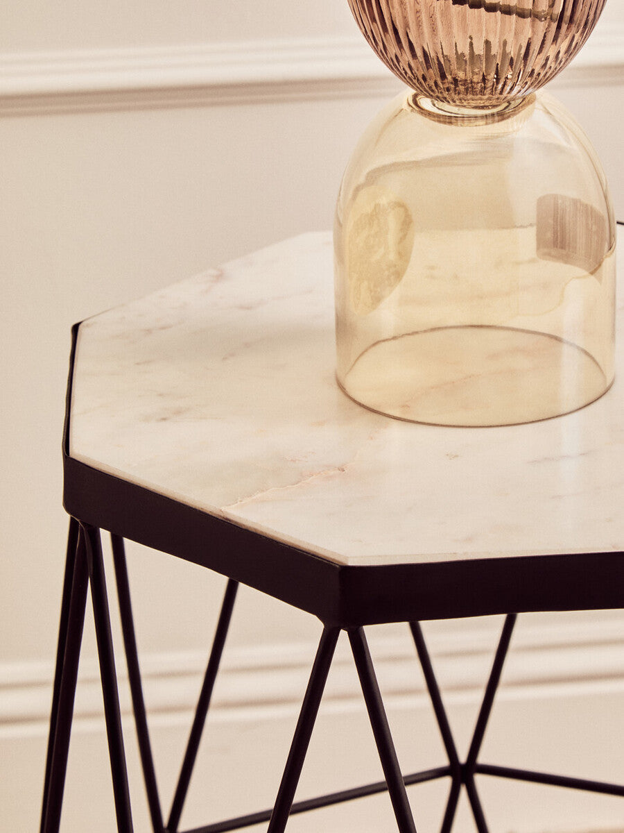 White Marble Top Octagonal Side Table With Black Metal Base, Shalimar