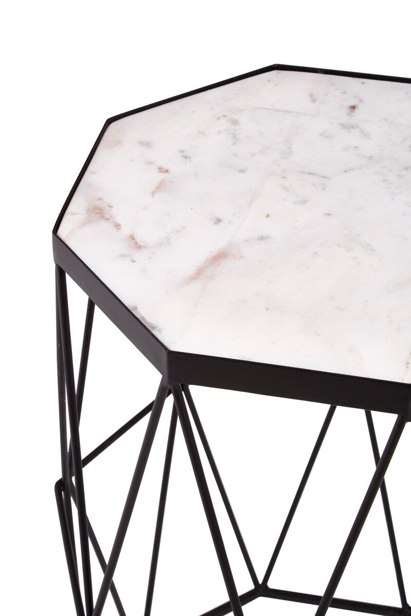 White Marble Top Octagonal Side Table With Black Metal Base, Shalimar