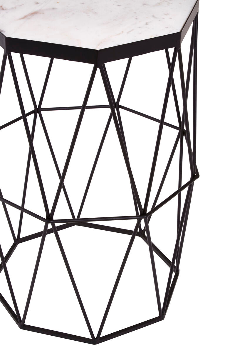 White Marble Top Octagonal Side Table With Black Metal Base, Shalimar