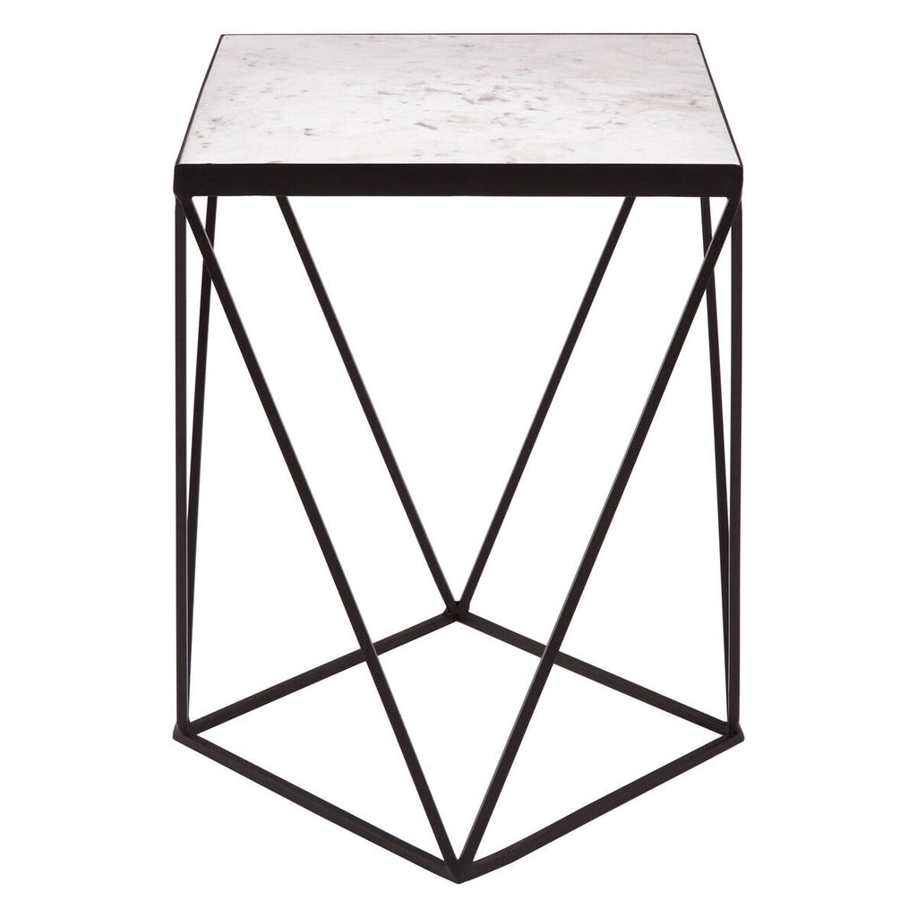 White Marble Top Square Side Table With Black Metal Base, Shalimar