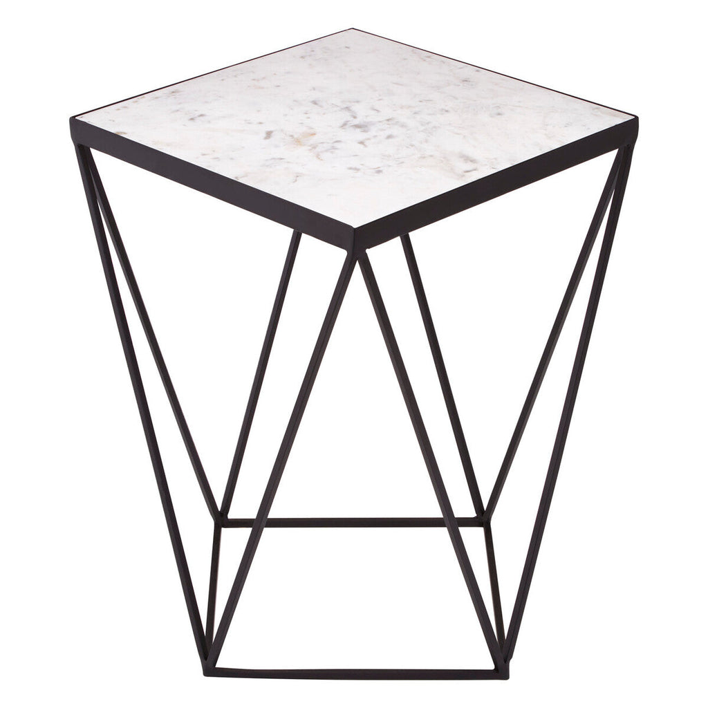 White Marble Top Square Side Table With Black Metal Base, Shalimar