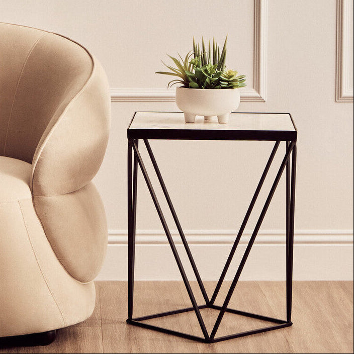 White Marble Top Square Side Table With Black Metal Base, Shalimar