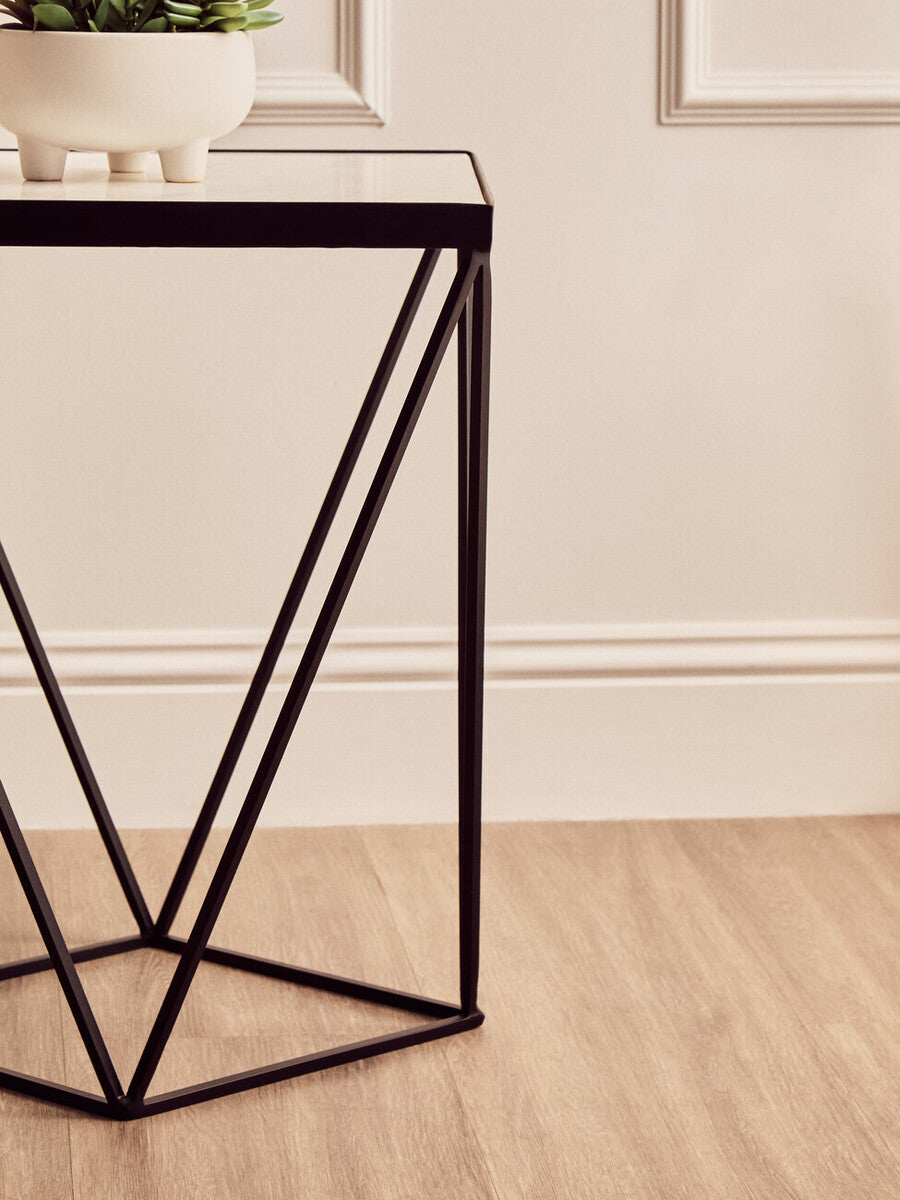 White Marble Top Square Side Table With Black Metal Base, Shalimar