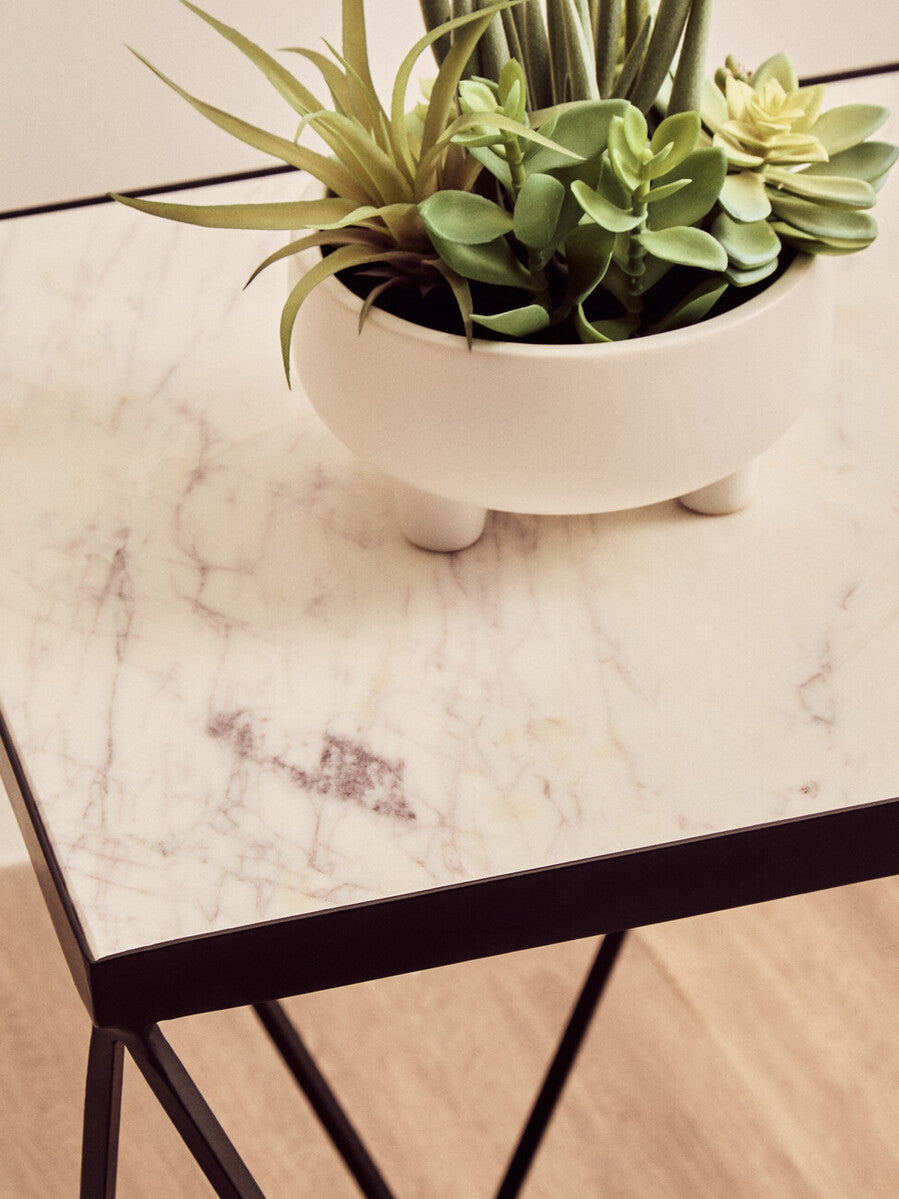 White Marble Top Square Side Table With Black Metal Base, Shalimar