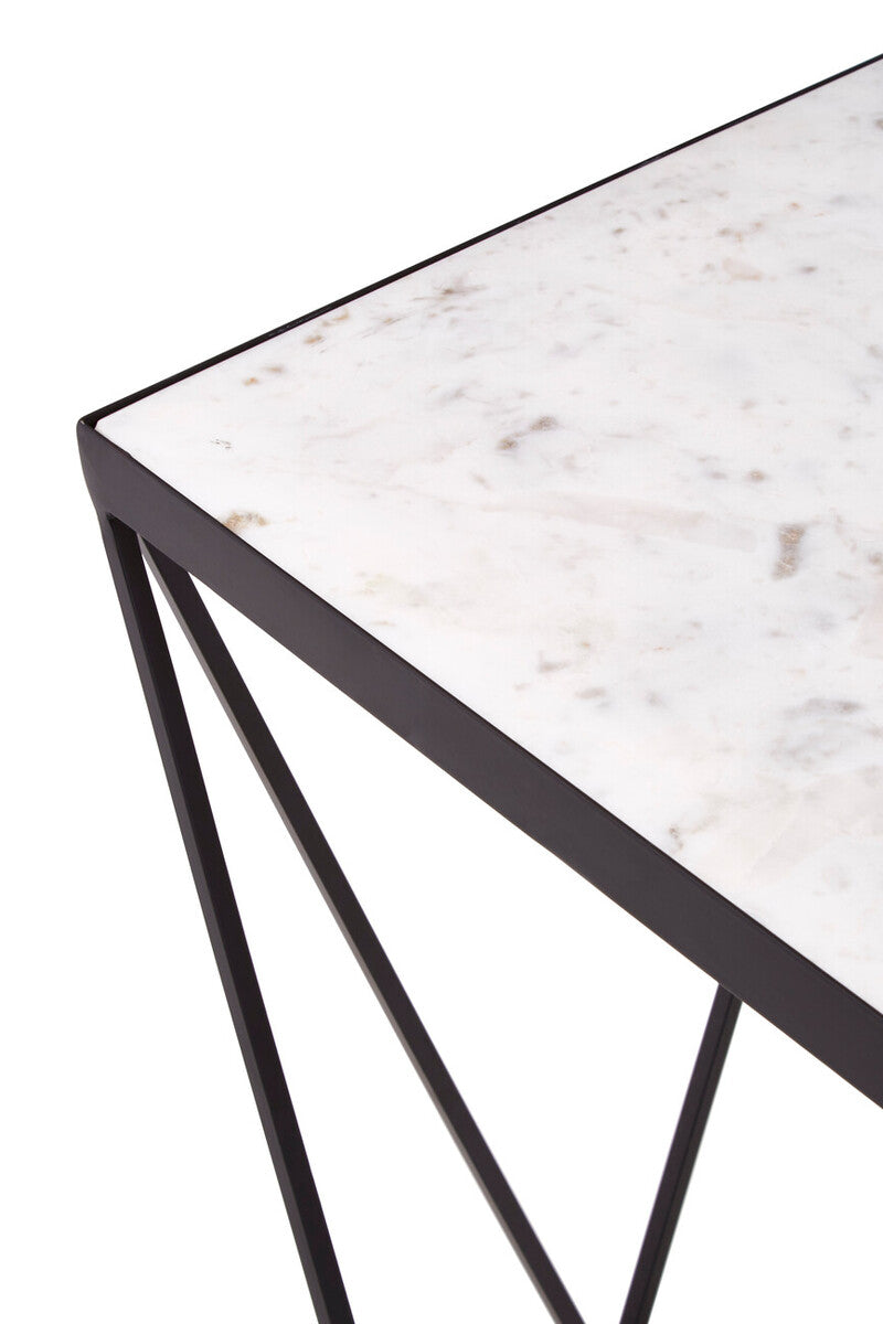 White Marble Top Square Side Table With Black Metal Base, Shalimar