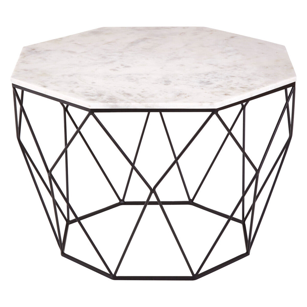 White Marble Top Octagon Table With Black Iron Wireframe Base, Shalimar