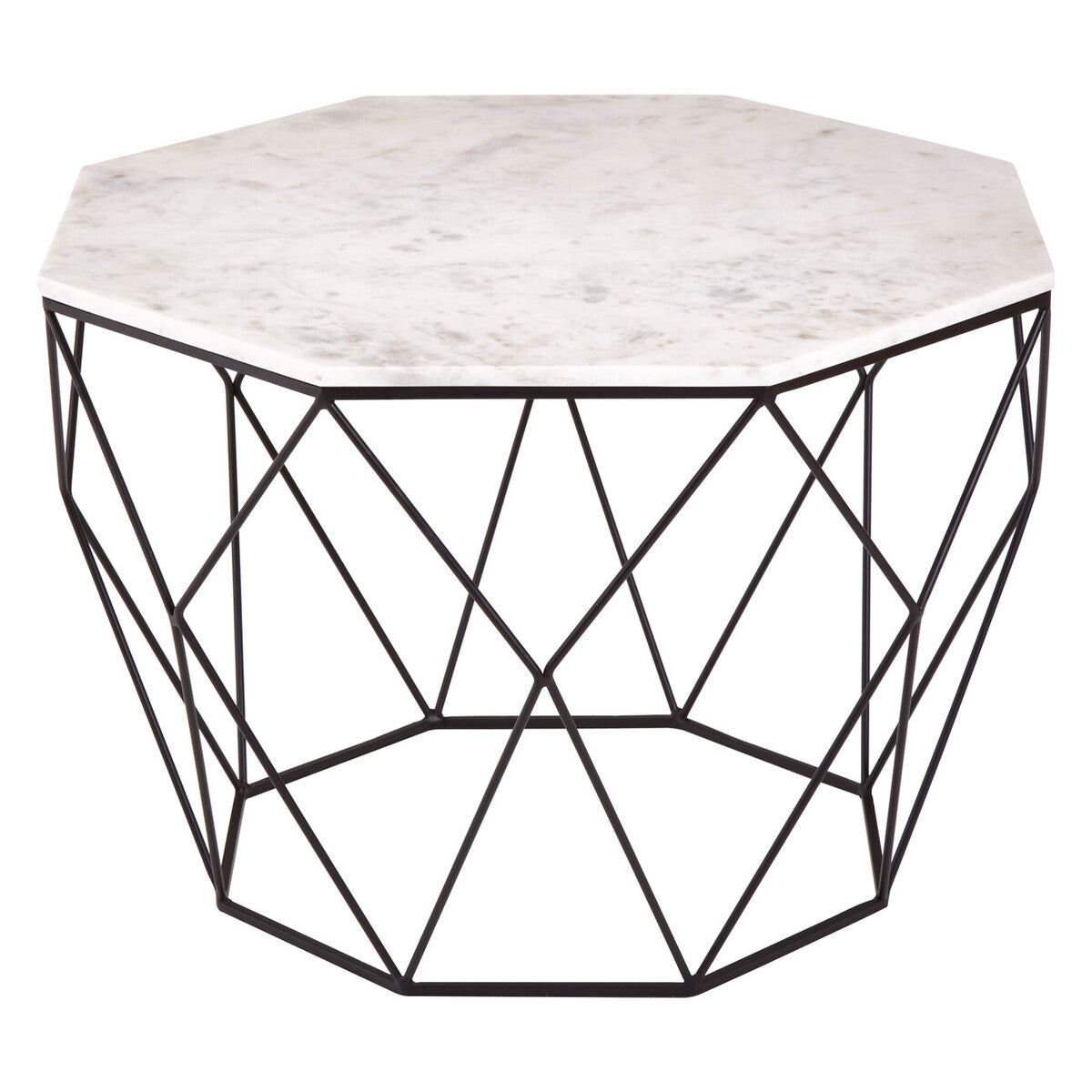 White Marble Top Octagon Table With Black Iron Wireframe Base, Shalimar