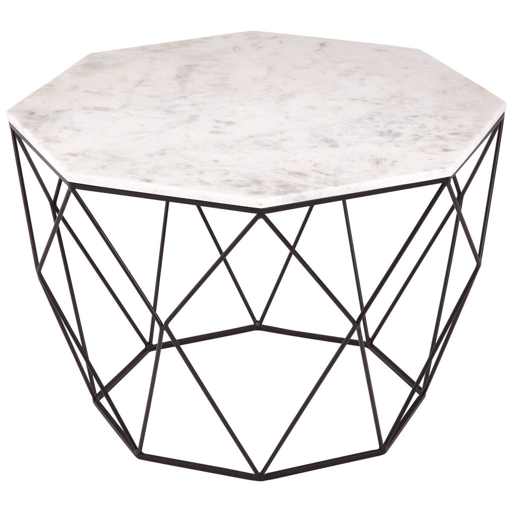 White Marble Top Octagon Table With Black Iron Wireframe Base, Shalimar