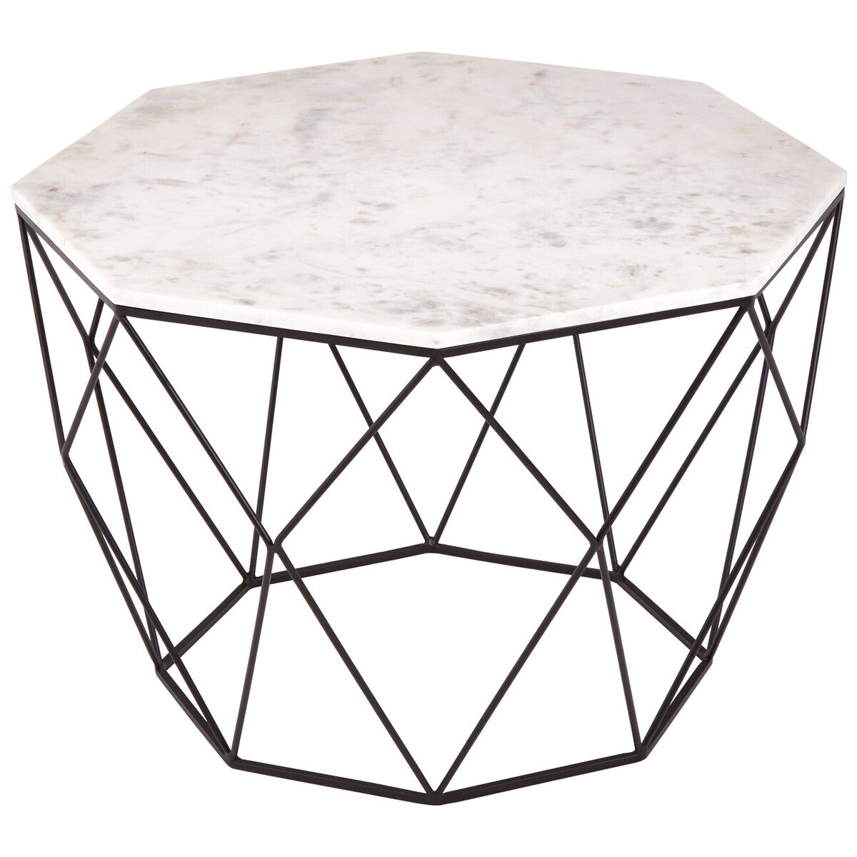 White Marble Top Octagon Table With Black Iron Wireframe Base, Shalimar