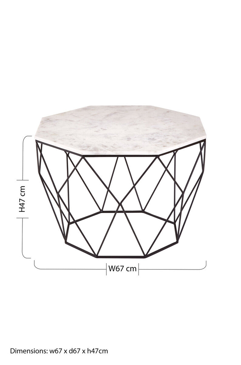 White Marble Top Octagon Table With Black Iron Wireframe Base, Shalimar