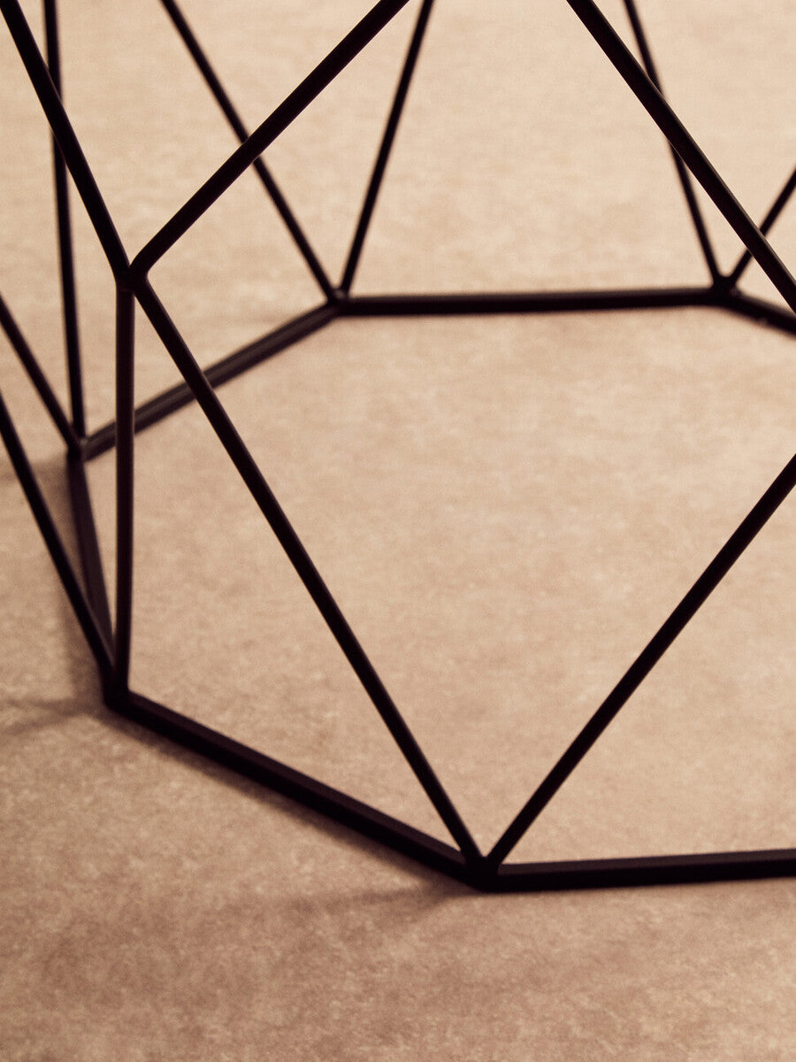 White Marble Top Octagon Table With Black Iron Wireframe Base, Shalimar