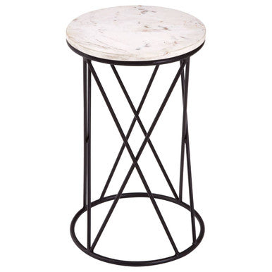 White Marble Top Square Side Table With Black Cross Design Metal Base, Shalimar