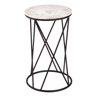 White Marble Top Square Side Table With Black Cross Design Metal Base, Shalimar