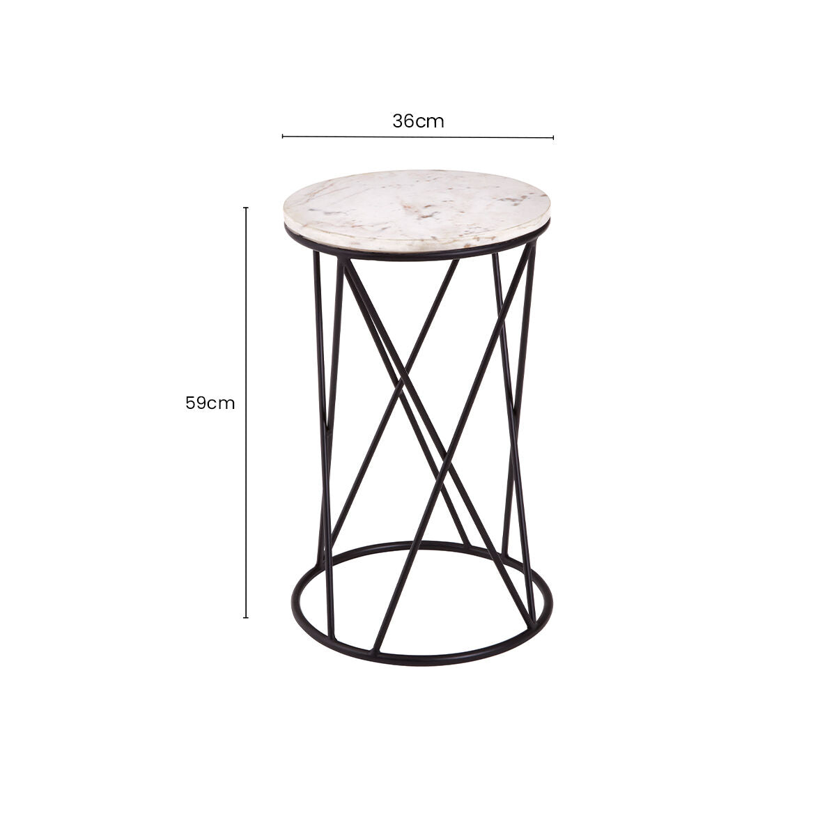 White Marble Top Square Side Table With Black Cross Design Metal Base, Shalimar
