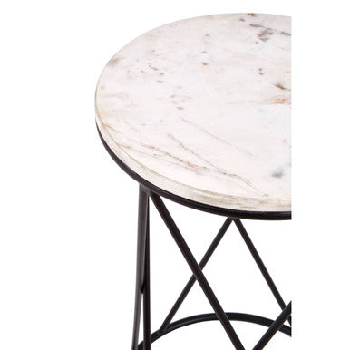 White Marble Top Square Side Table With Black Cross Design Metal Base, Shalimar