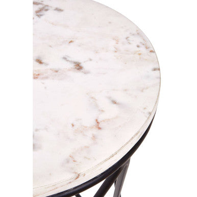 White Marble Top Square Side Table With Black Cross Design Metal Base, Shalimar