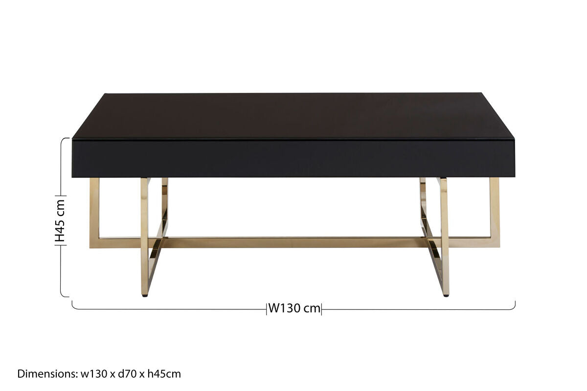 Black Mirrored Top Coffee Table With Gold Stainless Steel Frame, Ragusa