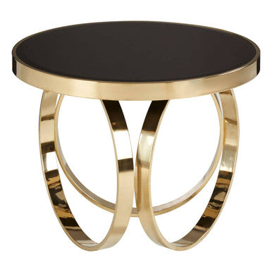 Mirrored Black Round Top Coffee Table With Gold Stainless Steel Ring Base, Ragusa