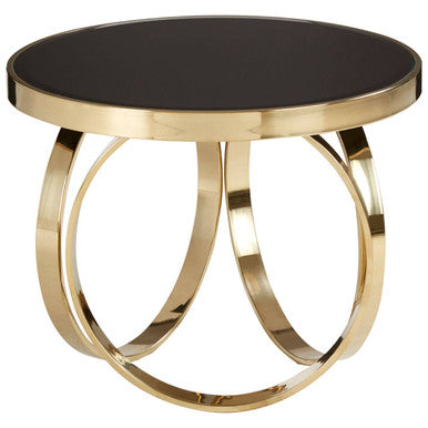 Mirrored Black Round Top Coffee Table With Gold Stainless Steel Ring Base, Ragusa