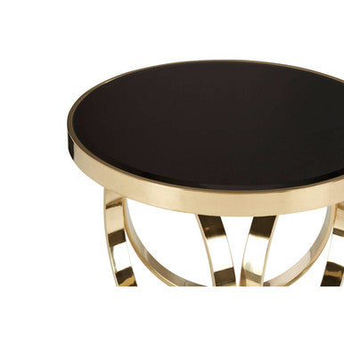 Mirrored Black Round Top Coffee Table With Gold Stainless Steel Ring Base, Ragusa